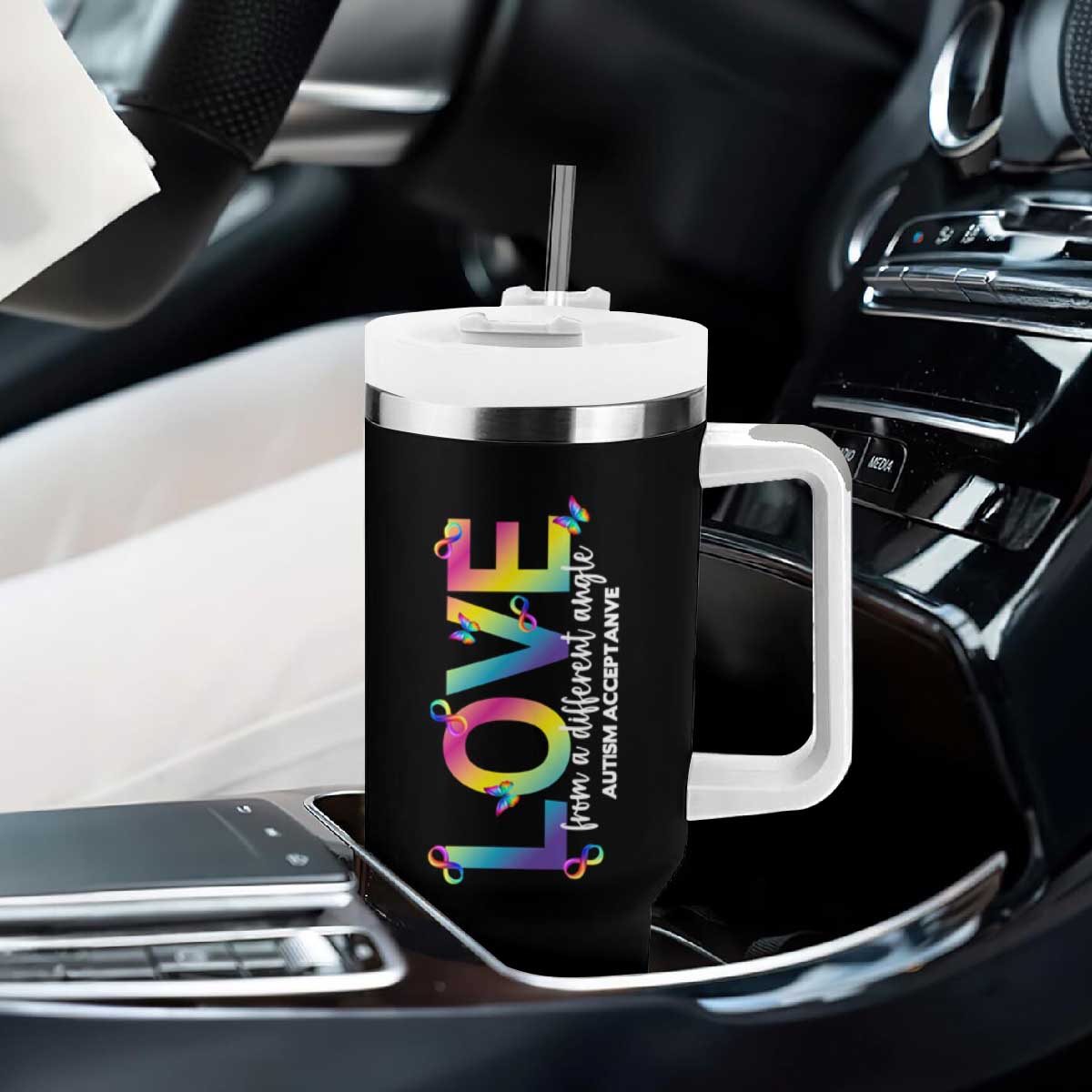 Autism Acceptance Tumbler With Handle Love From a Different Angle Rainbow Infinity TS02 Print Your Wear