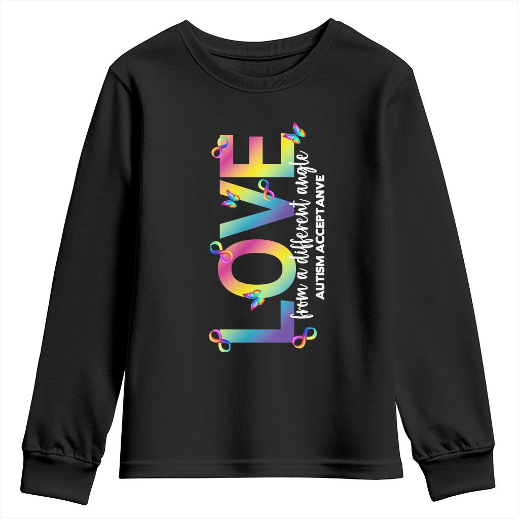 Autism Acceptance Youth Sweatshirt Love From a Different Angle Rainbow Infinity TS02 Black Print Your Wear
