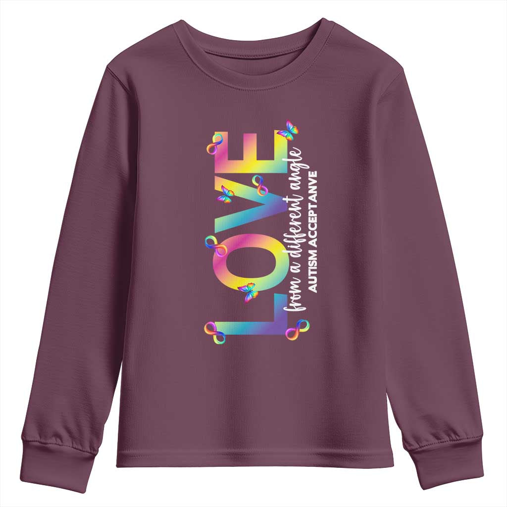 Autism Acceptance Youth Sweatshirt Love From a Different Angle Rainbow Infinity TS02 Maroon Print Your Wear