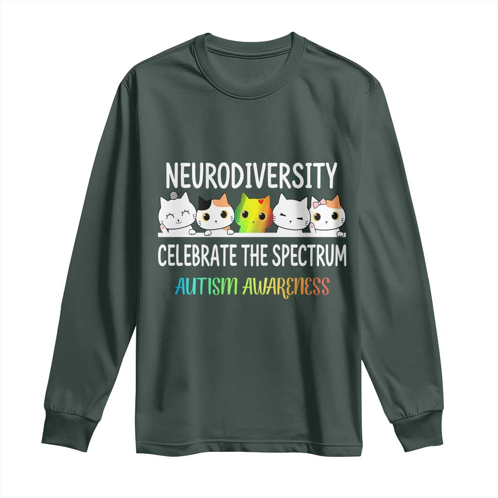 Cute Cats Autism Embrace Long Sleeve Shirt Neurodiversity Celebrate The Spectrum TS02 Dark Forest Green Print Your Wear