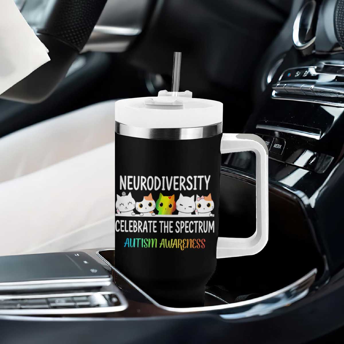 Cute Cats Autism Embrace Tumbler With Handle Neurodiversity Celebrate The Spectrum TS02 Print Your Wear