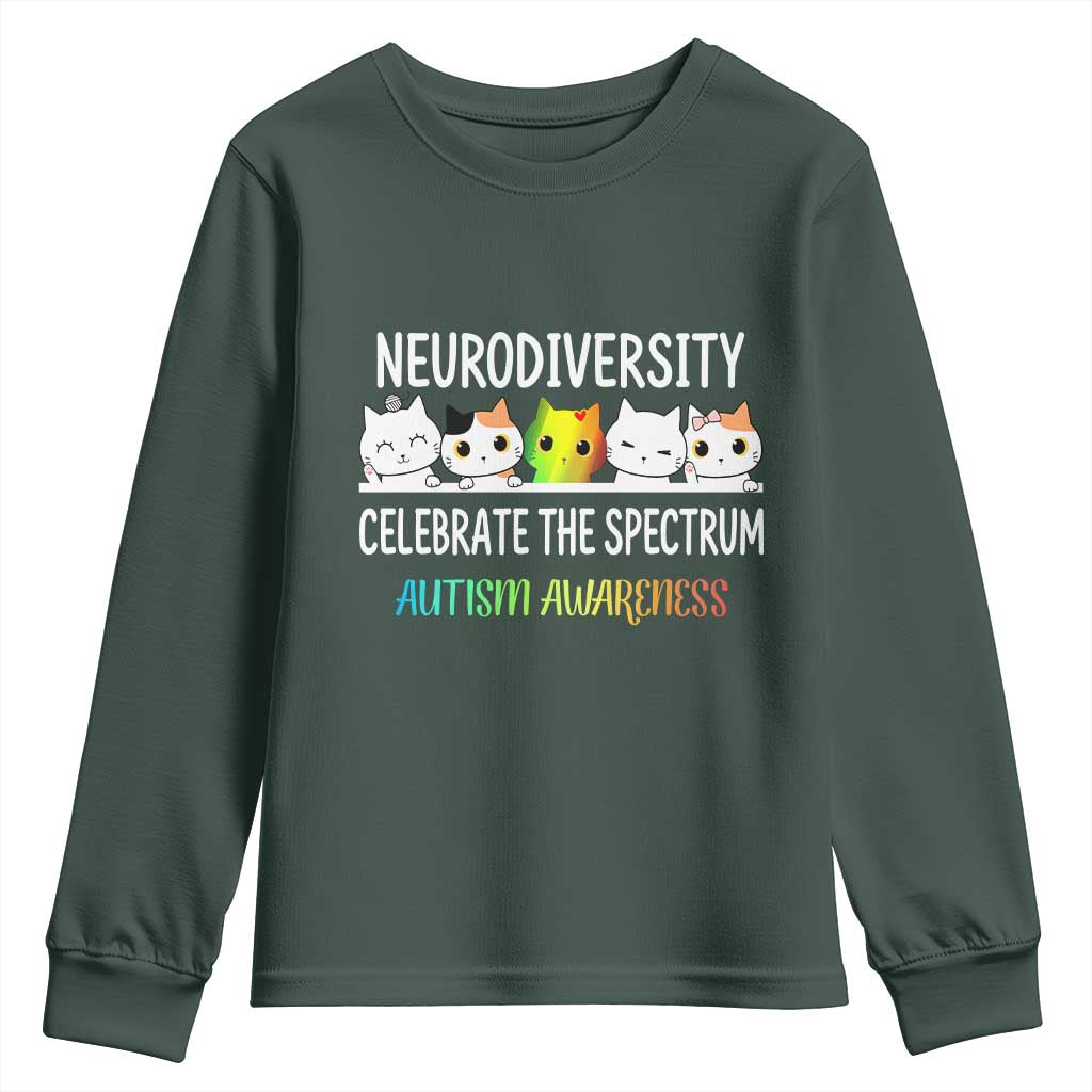 Cute Cats Autism Embrace Youth Sweatshirt Neurodiversity Celebrate The Spectrum TS02 Dark Forest Green Print Your Wear