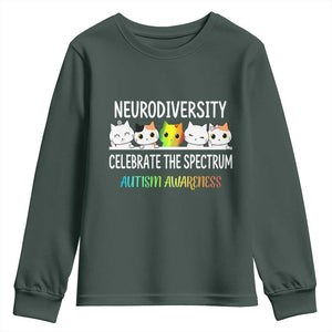 Cute Cats Autism Embrace Youth Sweatshirt Neurodiversity Celebrate The Spectrum TS02 Dark Forest Green Print Your Wear