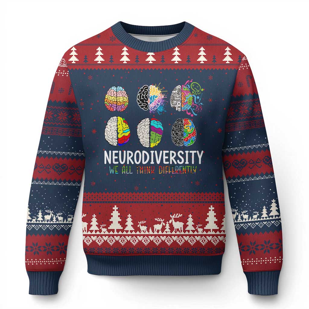 Embrace Neurodiversity Ugly Christmas Sweater We All Think Differently TS02 Navy Red Print Your Wear