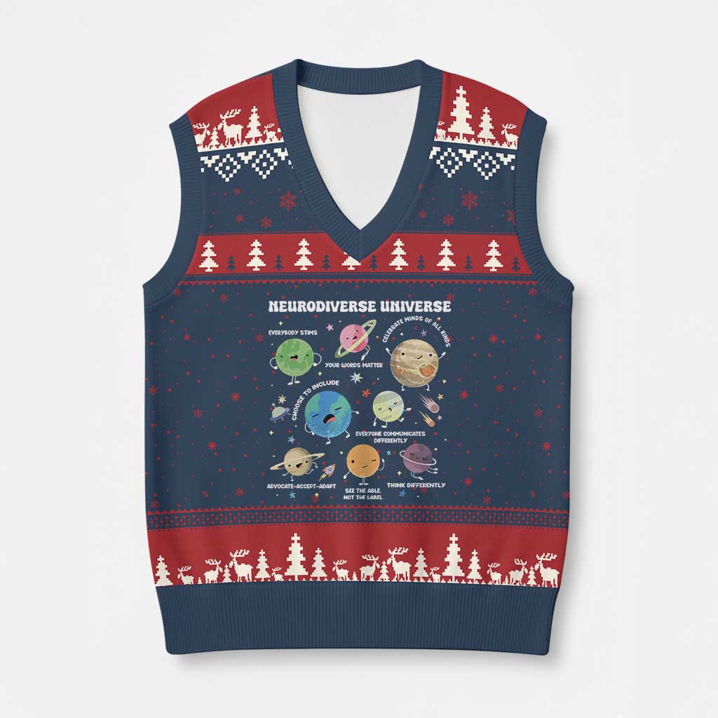 Neurodiverse Universe V-Neck Knit Sweater Vest Autism Awareness ASD ADHD Neurodiversity Sped Teacher TS02 Navy Red Print Your Wear