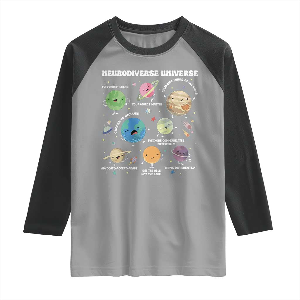 Neurodiverse Universe Raglan Shirt Autism Awareness ASD ADHD Neurodiversity Sped Teacher TS02 Sport Gray Black Print Your Wear