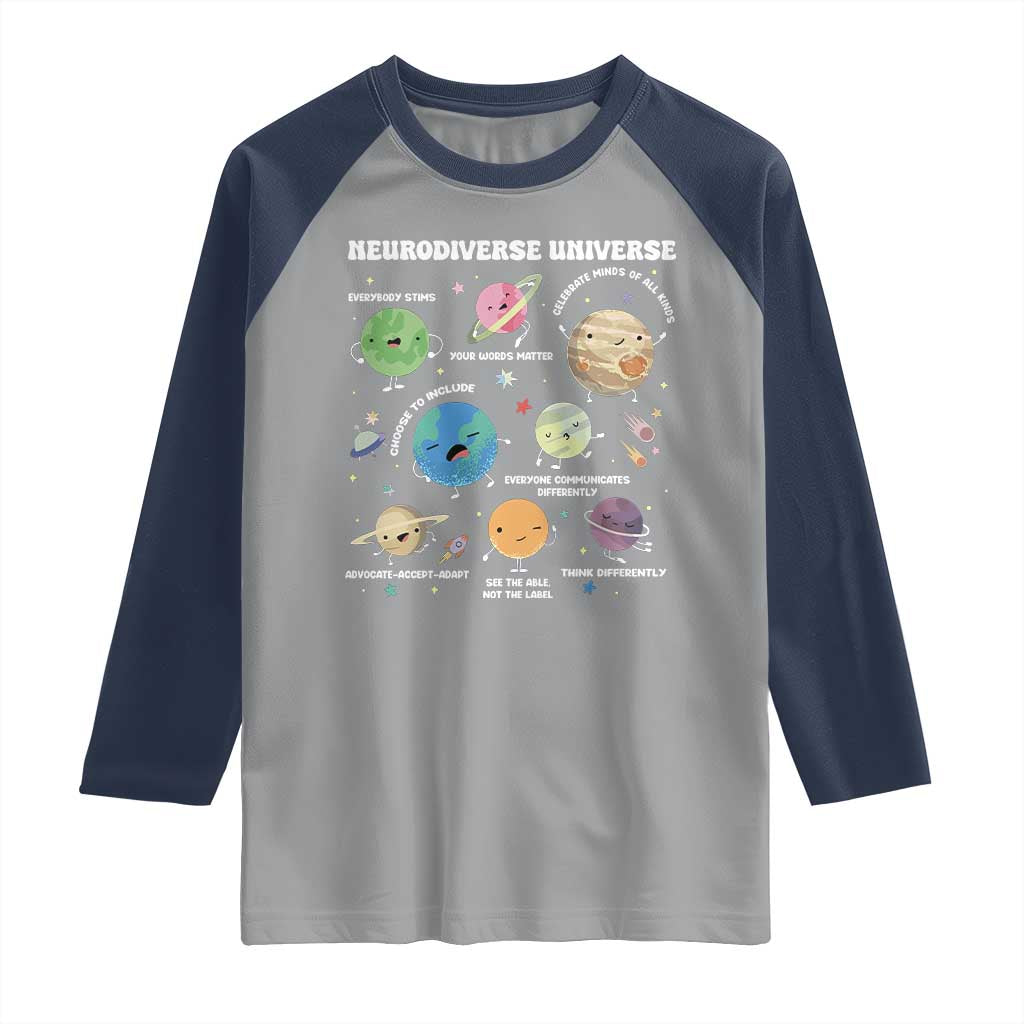 Neurodiverse Universe Raglan Shirt Autism Awareness ASD ADHD Neurodiversity Sped Teacher TS02 Sport Gray Navy Print Your Wear
