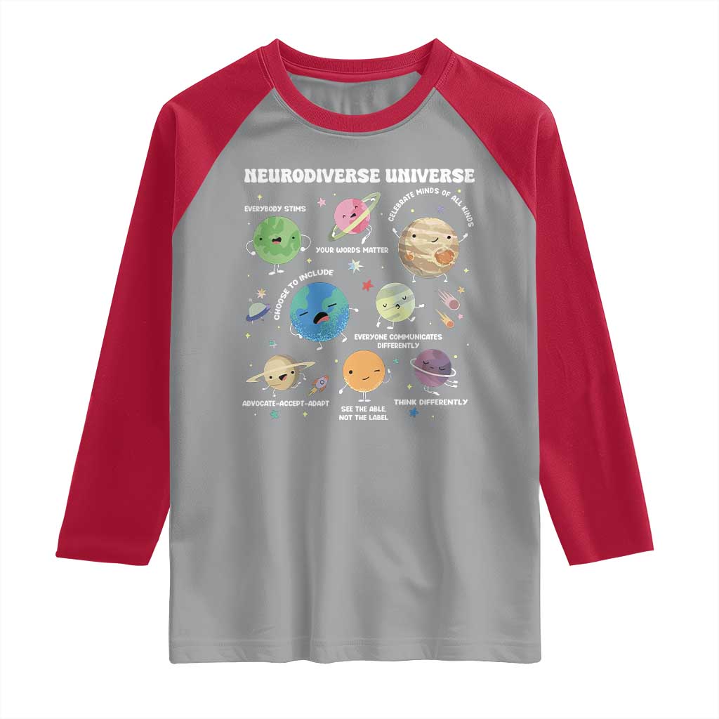 Neurodiverse Universe Raglan Shirt Autism Awareness ASD ADHD Neurodiversity Sped Teacher TS02 Sport Gray Red Print Your Wear