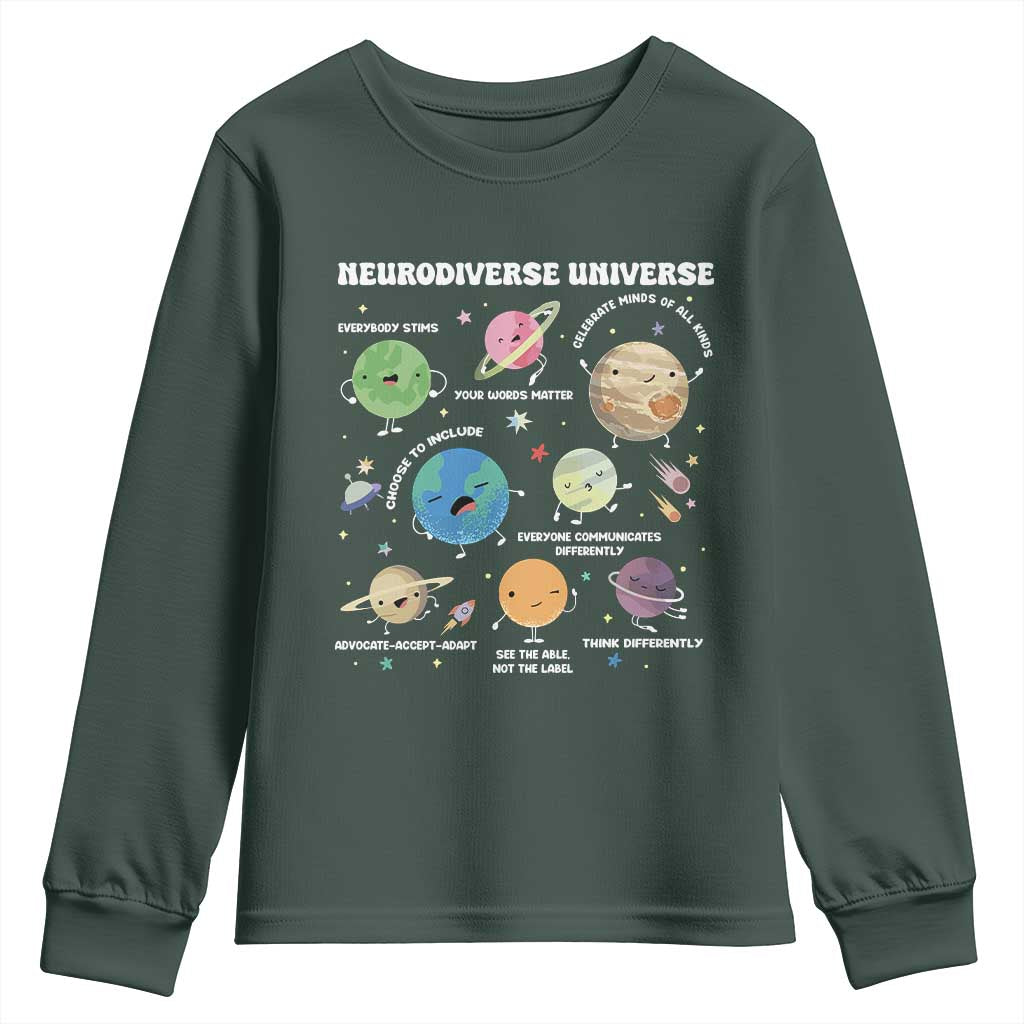 Neurodiverse Universe Youth Sweatshirt Autism Awareness ASD ADHD Neurodiversity Sped Teacher TS02 Dark Forest Green Print Your Wear