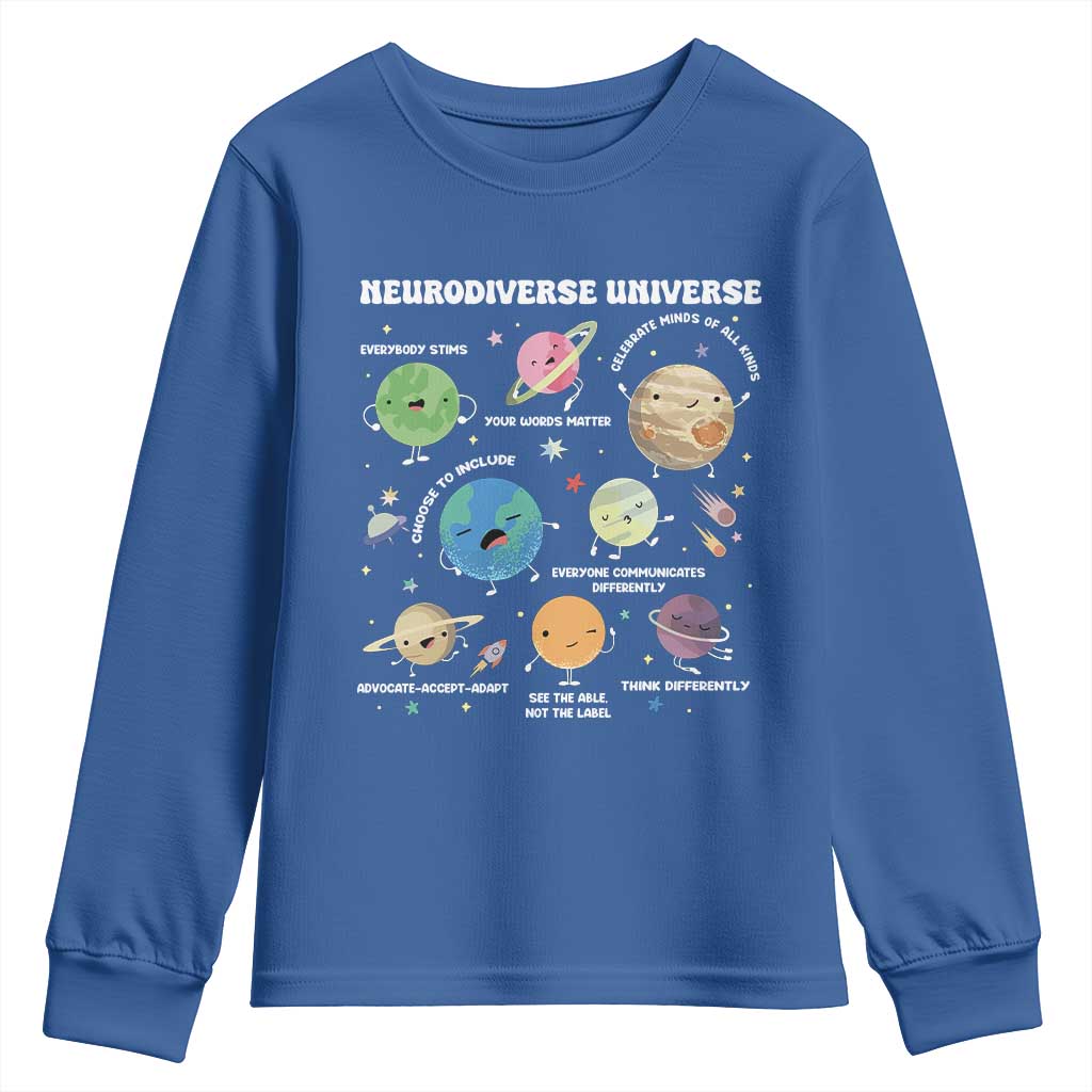 Neurodiverse Universe Youth Sweatshirt Autism Awareness ASD ADHD Neurodiversity Sped Teacher TS02 Royal Blue Print Your Wear