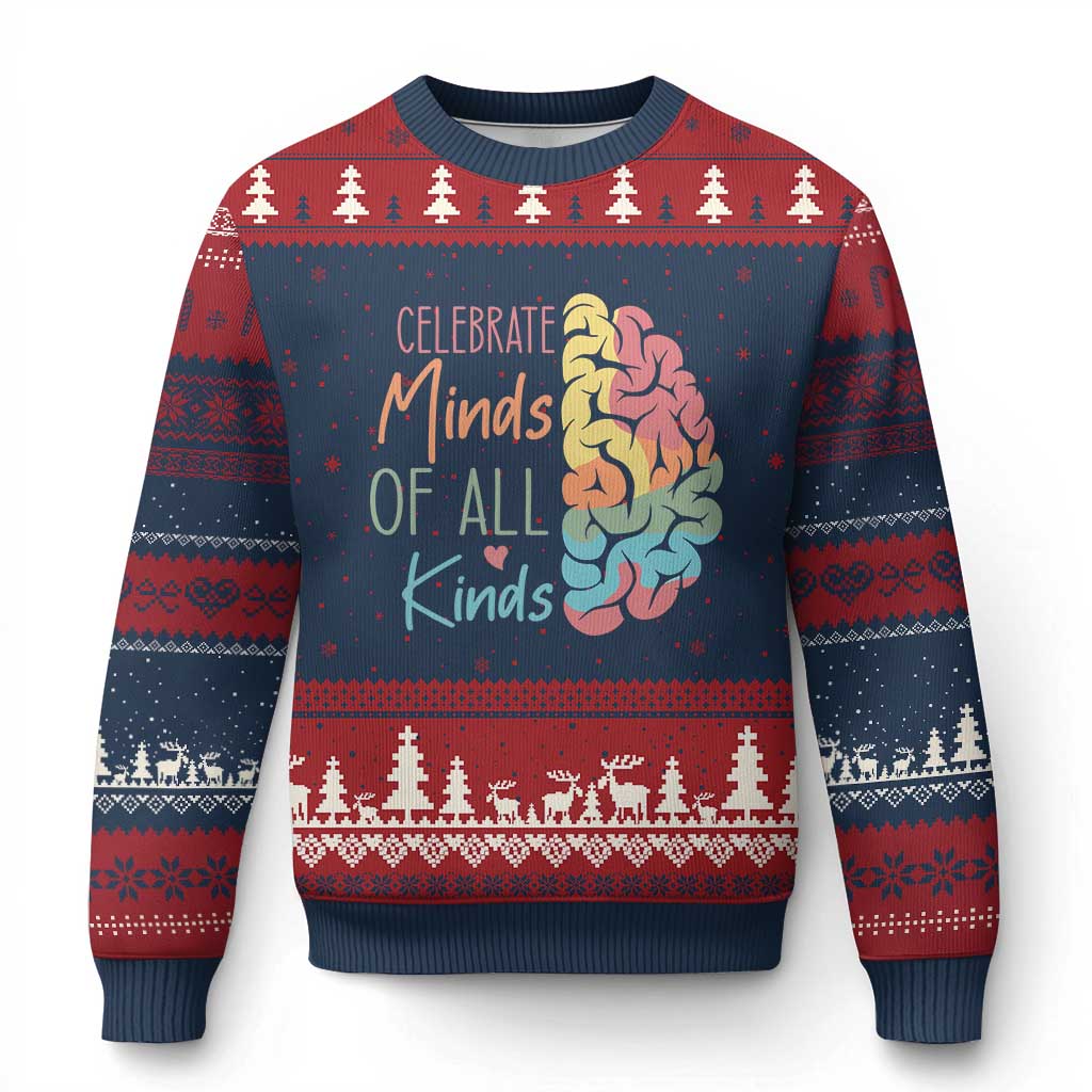 Embrace Neurodiversity Ugly Christmas Sweater Celebrate Minds of All Kinds Teacher ASD TS02 Navy Red Print Your Wear