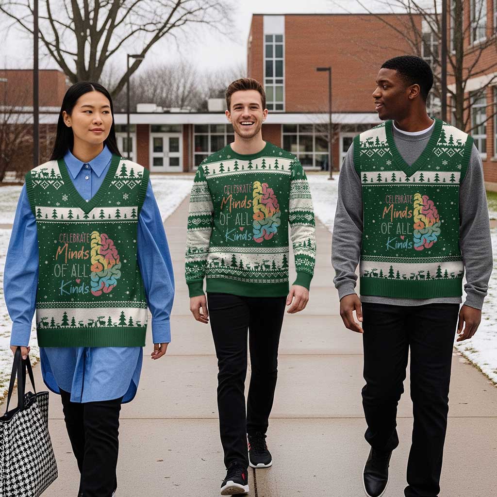Embrace Neurodiversity V-Neck Knit Sweater Vest Celebrate Minds of All Kinds Teacher ASD TS02 Forest Green Beige Print Your Wear