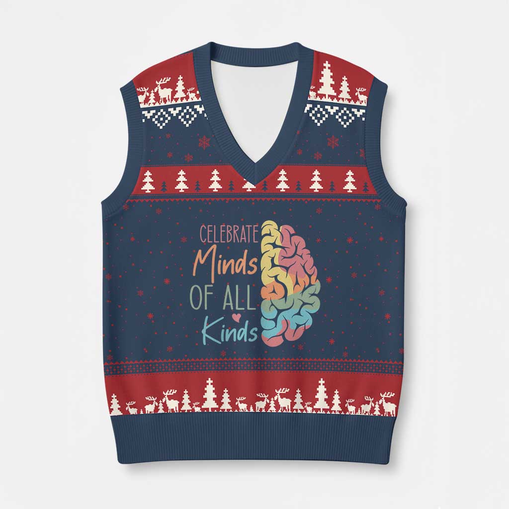 Embrace Neurodiversity V-Neck Knit Sweater Vest Celebrate Minds of All Kinds Teacher ASD TS02 Navy Red Print Your Wear