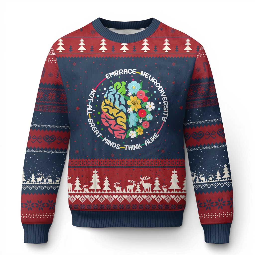 Embrace Neurodiversity Ugly Christmas Sweater Neurodiverse Brain Autism Awareness ADHD Autistic TS02 Navy Red Print Your Wear