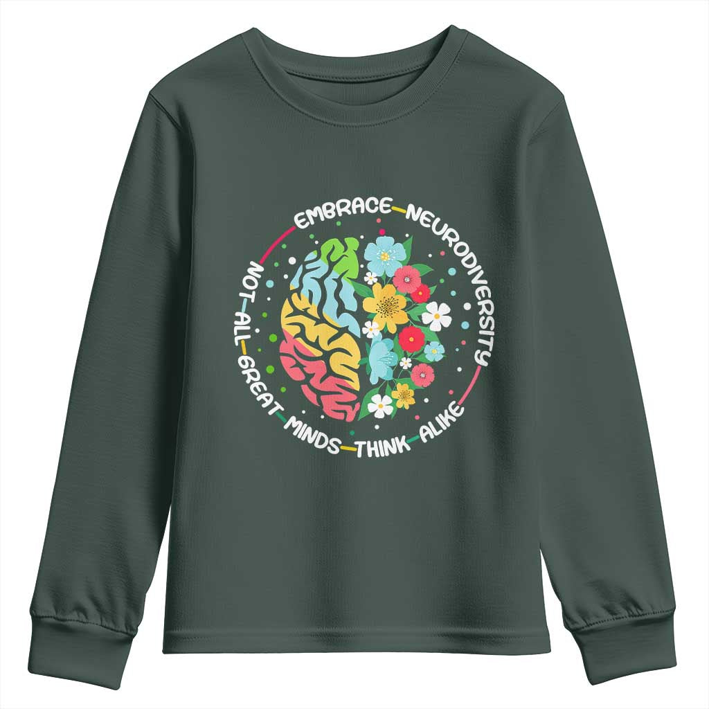 Embrace Neurodiversity Youth Sweatshirt Neurodiverse Brain Autism Awareness ADHD Autistic TS02 Dark Forest Green Print Your Wear