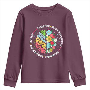 Embrace Neurodiversity Youth Sweatshirt Neurodiverse Brain Autism Awareness ADHD Autistic TS02 Maroon Print Your Wear