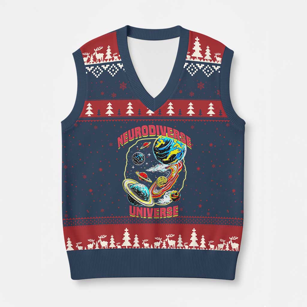 Neurodiverse Universe V-Neck Knit Sweater Vest Neurodiversity Embrace ADHD Autism ASD TS02 Navy Red Print Your Wear