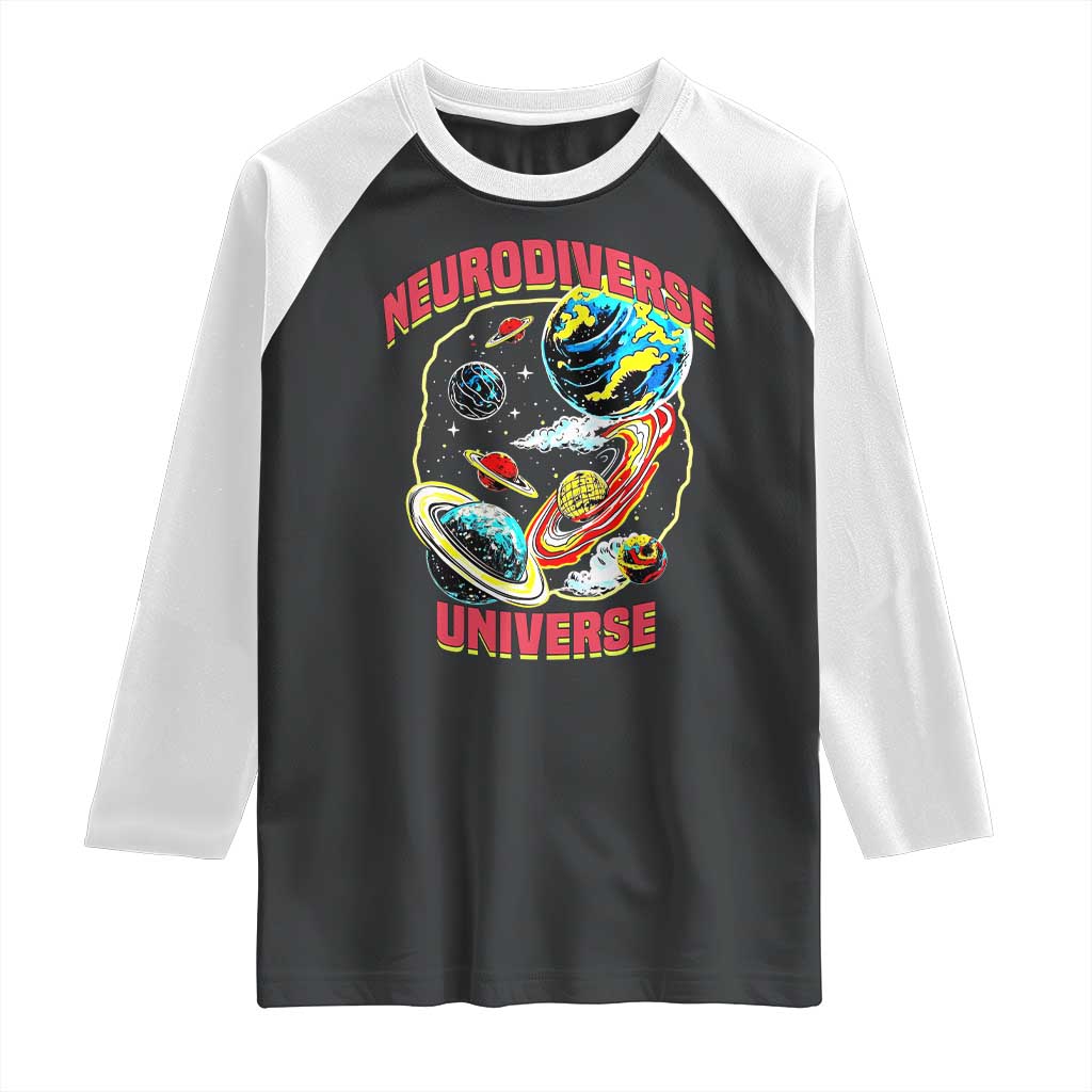 Neurodiverse Universe Raglan Shirt Neurodiversity Embrace ADHD Autism ASD TS02 Black White Print Your Wear