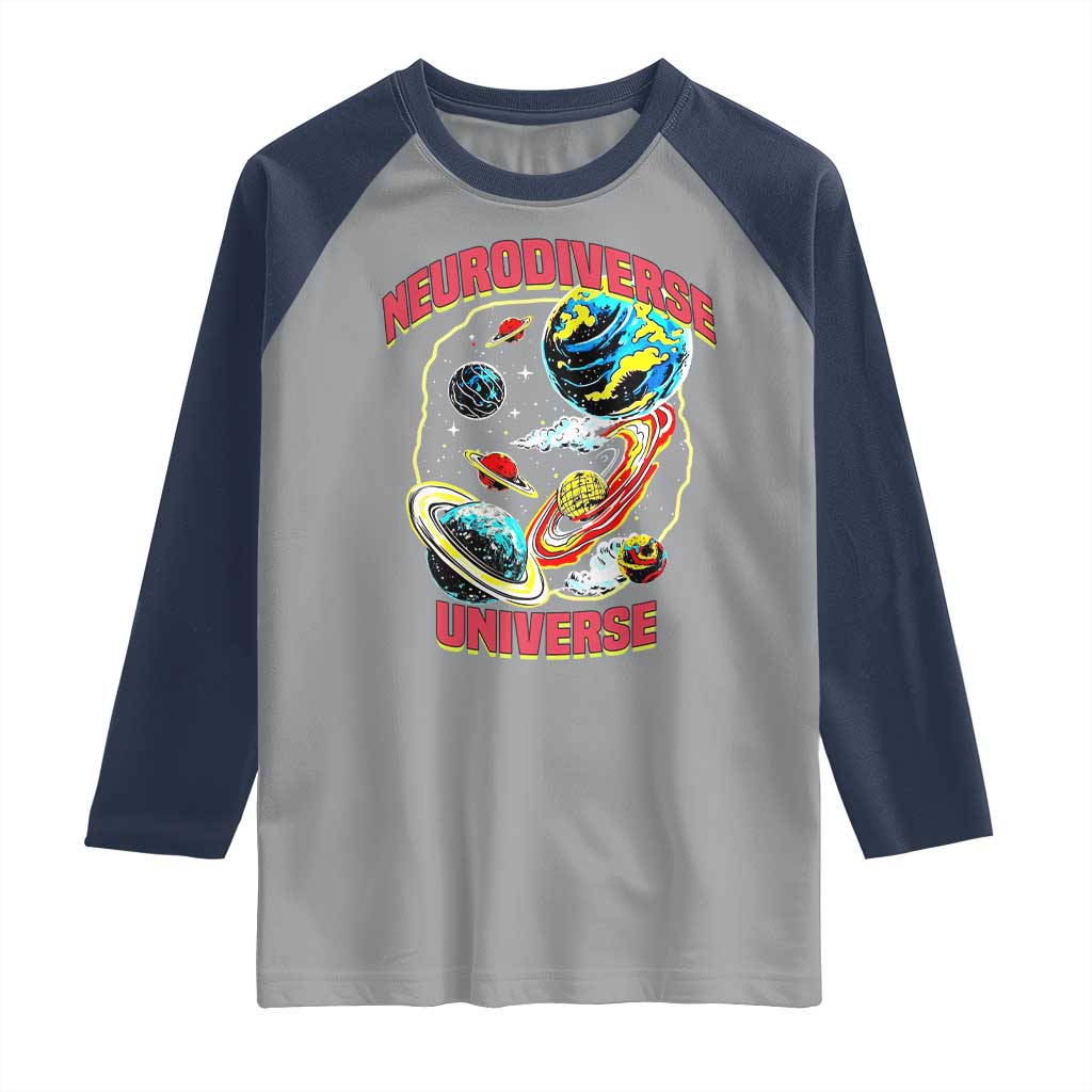 Neurodiverse Universe Raglan Shirt Neurodiversity Embrace ADHD Autism ASD TS02 Sport Gray Navy Print Your Wear