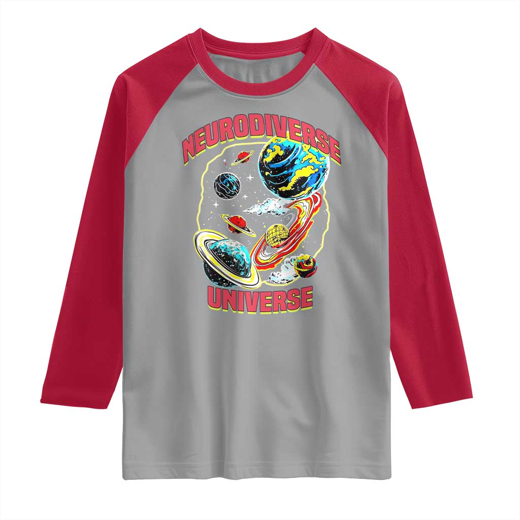 Neurodiverse Universe Raglan Shirt Neurodiversity Embrace ADHD Autism ASD TS02 Sport Gray Red Print Your Wear
