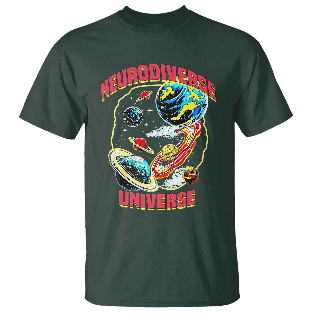 Neurodiverse Universe T Shirt Neurodiversity Embrace ADHD Autism ASD TS02 Dark Forest Green Print Your Wear