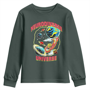 Neurodiverse Universe Youth Sweatshirt Neurodiversity Embrace ADHD Autism ASD TS02 Dark Forest Green Print Your Wear