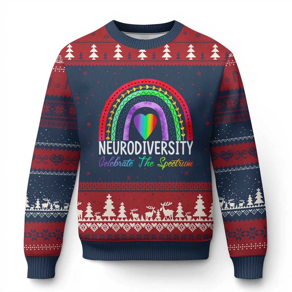 Neurodiversity Ugly Christmas Sweater Autism Spectrum ASD ADHD Rainbow Boho TS02 Navy Red Print Your Wear