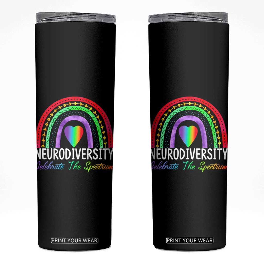 Neurodiversity Skinny Tumbler Autism Spectrum ASD ADHD Rainbow Boho TS02 Black Print Your Wear