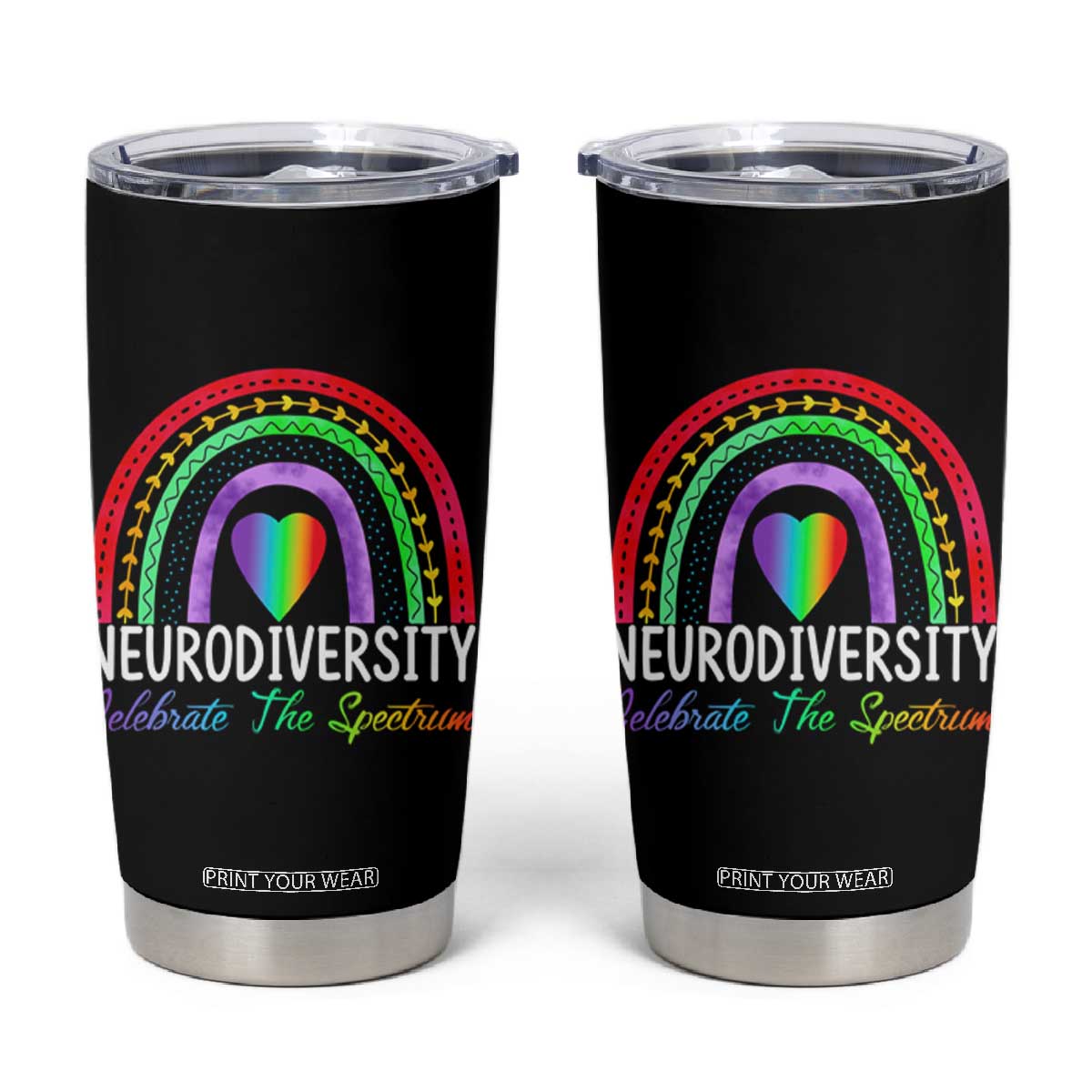 Neurodiversity Tumbler Cup Autism Spectrum ASD ADHD Rainbow Boho TS02 Black Print Your Wear