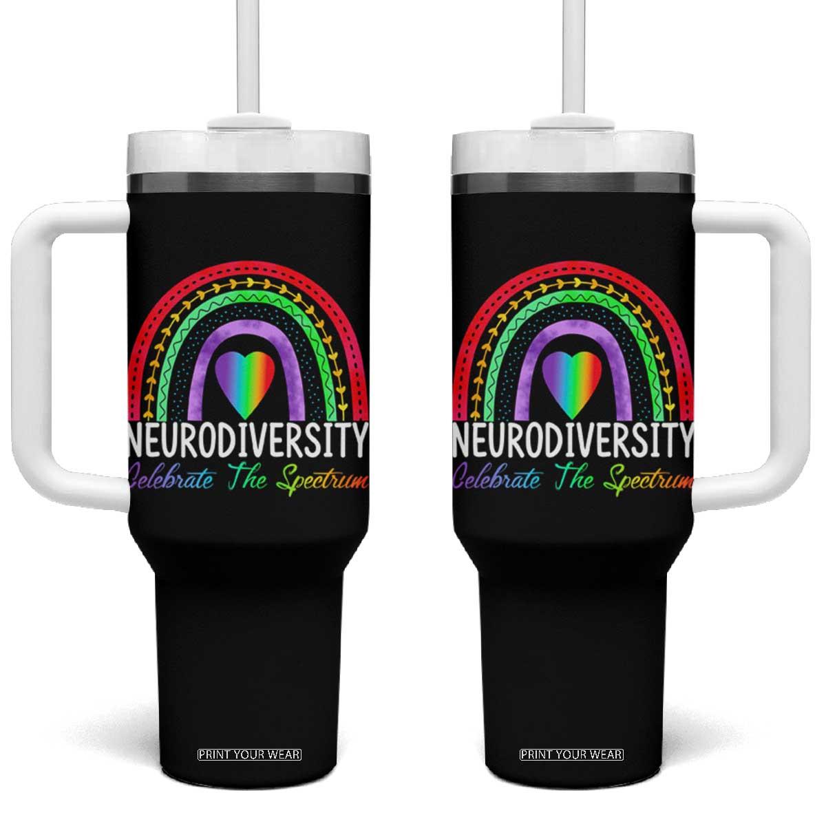 Neurodiversity Tumbler With Handle Autism Spectrum ASD ADHD Rainbow Boho TS02 One Size: 40 oz Black Print Your Wear