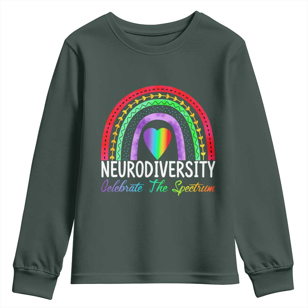 Neurodiversity Youth Sweatshirt Autism Spectrum ASD ADHD Rainbow Boho TS02 Dark Forest Green Print Your Wear