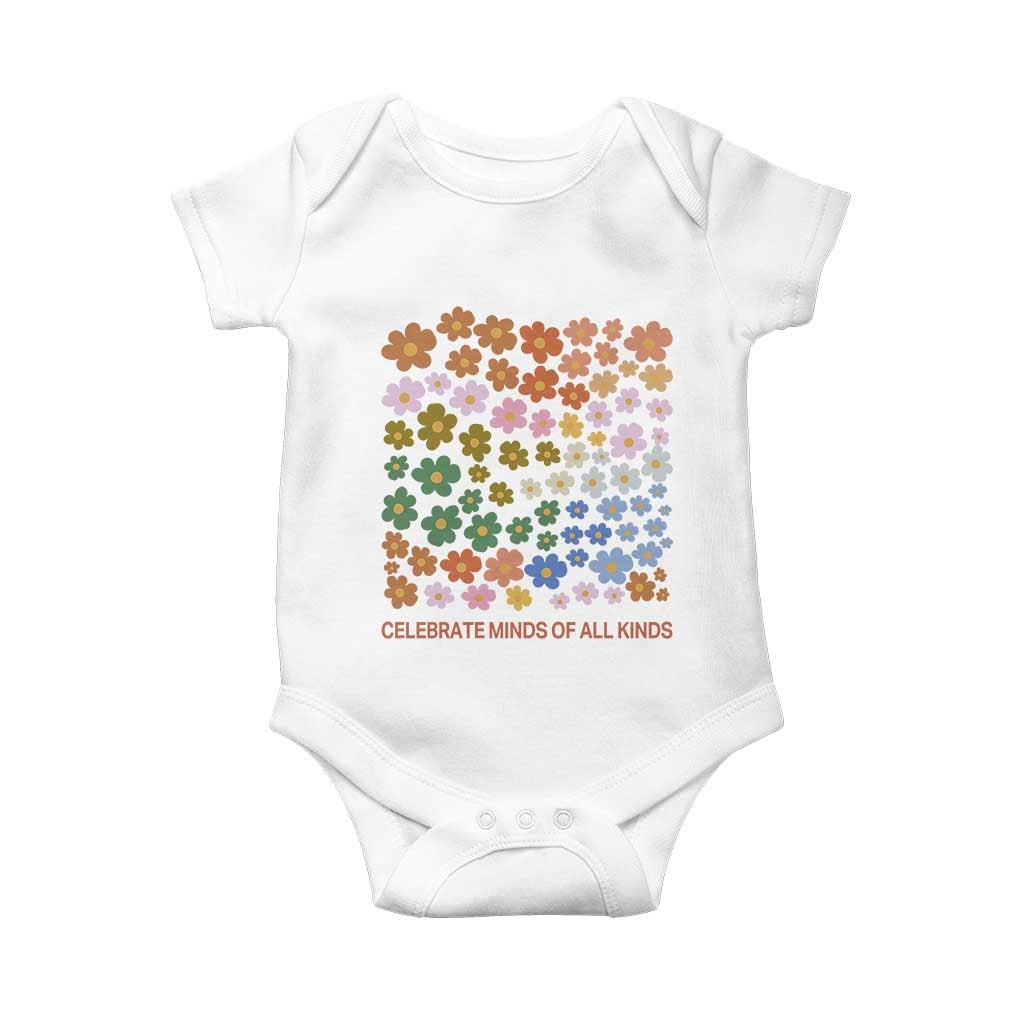 Neurodiversity Boho Floral Baby Onesie Celebrate Minds of All Kinds Autism ADHD ASD TS02 White Print Your Wear