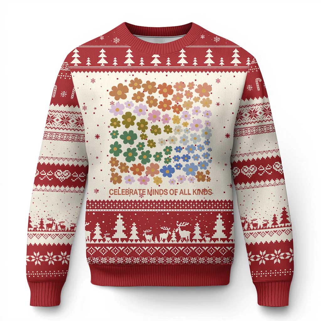 Neurodiversity Boho Floral Ugly Christmas Sweater Celebrate Minds of All Kinds Autism ADHD ASD TS02 Beige Red Print Your Wear