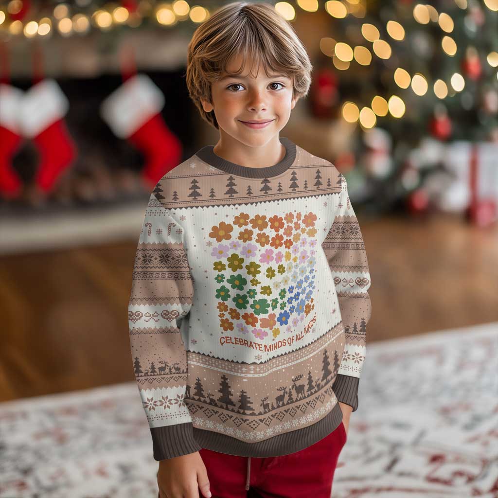 Neurodiversity Boho Floral Ugly Christmas Sweater Celebrate Minds of All Kinds Autism ADHD ASD TS02 Mocha Mousse Print Your Wear
