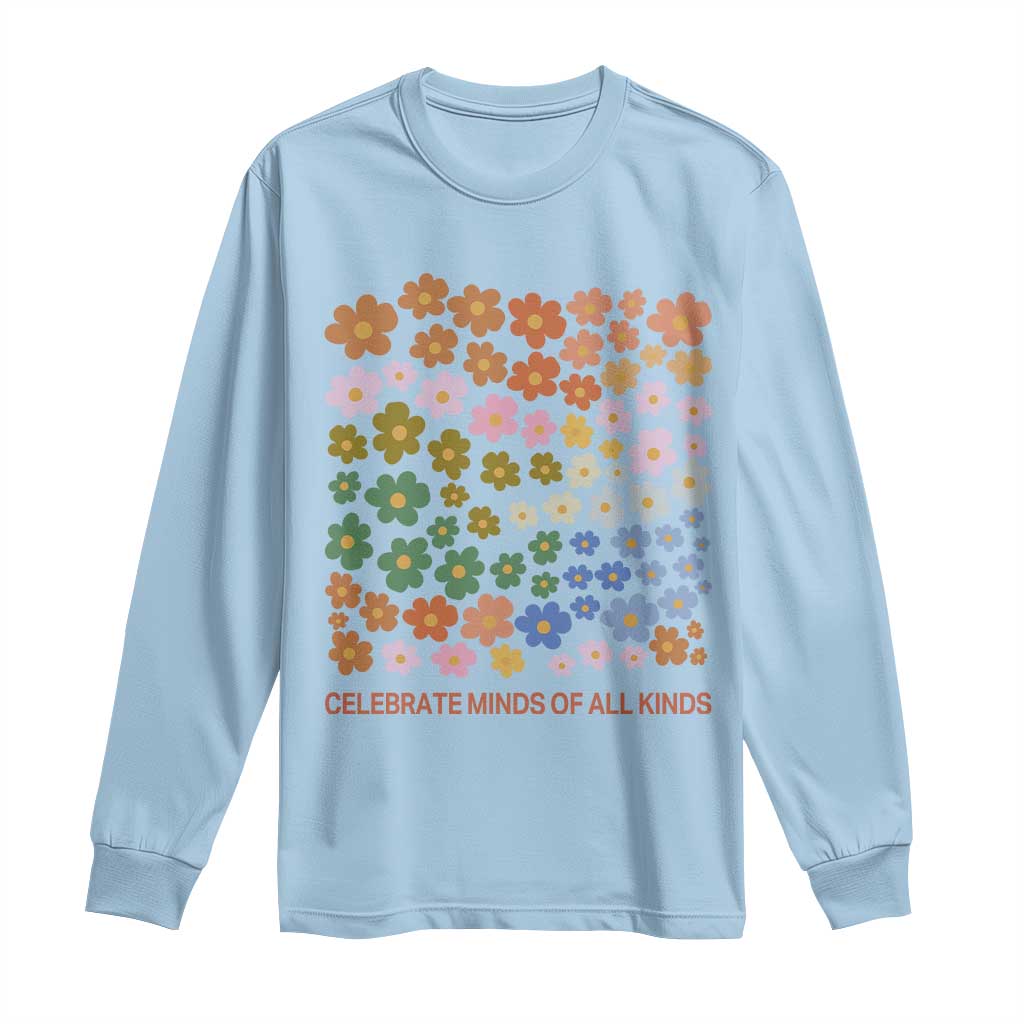 Neurodiversity Boho Floral Long Sleeve Shirt Celebrate Minds of All Kinds Autism ADHD ASD TS02 Light Blue Print Your Wear