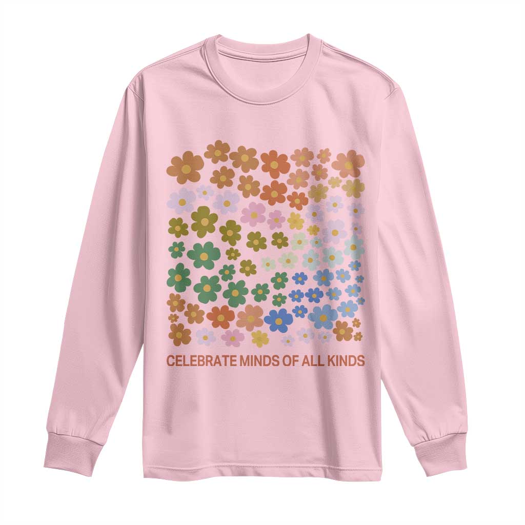 Neurodiversity Boho Floral Long Sleeve Shirt Celebrate Minds of All Kinds Autism ADHD ASD TS02 Light Pink Print Your Wear