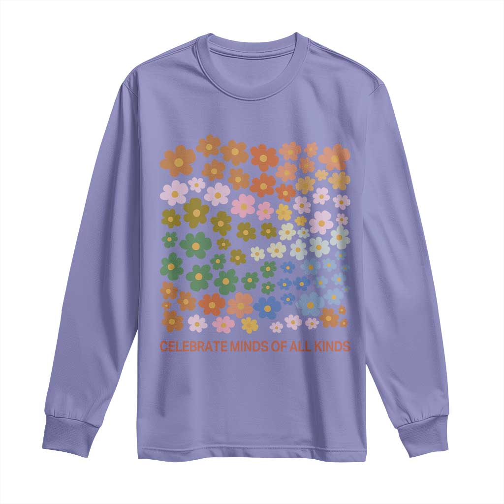 Neurodiversity Boho Floral Long Sleeve Shirt Celebrate Minds of All Kinds Autism ADHD ASD TS02 Violet Print Your Wear