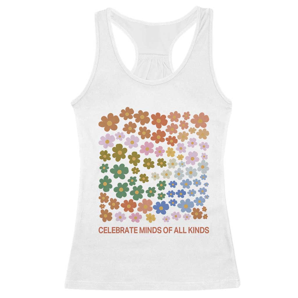 Neurodiversity Boho Floral Racerback Tank Top Celebrate Minds of All Kinds Autism ADHD ASD TS02 White Print Your Wear