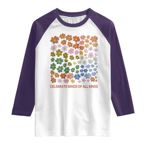 Neurodiversity Boho Floral Raglan Shirt Celebrate Minds of All Kinds Autism ADHD ASD TS02 White Purple Print Your Wear