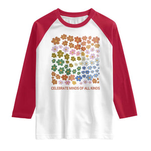 Neurodiversity Boho Floral Raglan Shirt Celebrate Minds of All Kinds Autism ADHD ASD TS02 White Red Print Your Wear