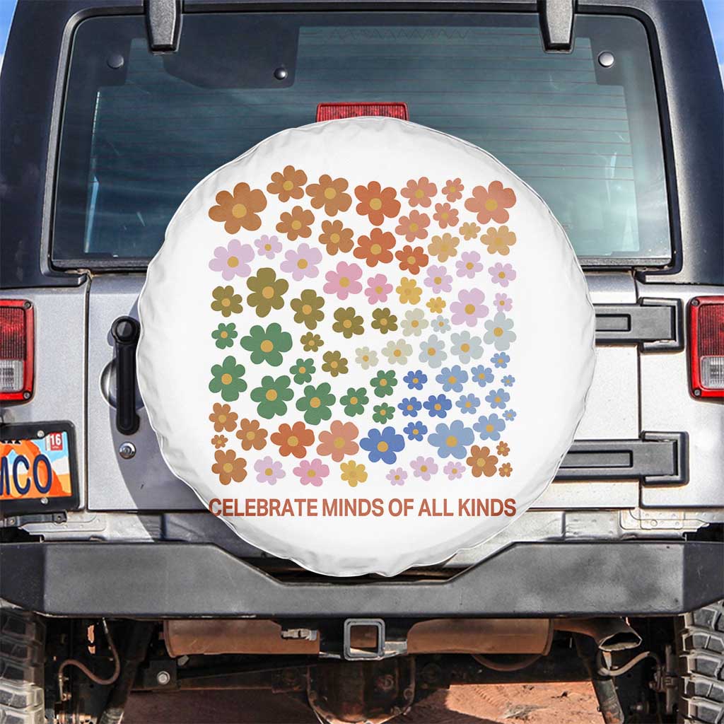 Neurodiversity Boho Floral Spare Tire Cover Celebrate Minds of All Kinds Autism ADHD ASD TS02 No hole White Print Your Wear