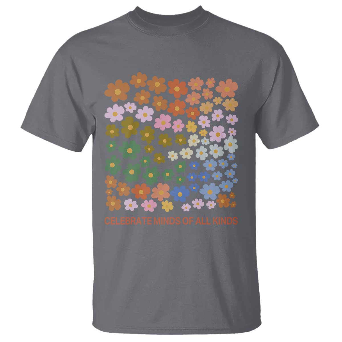 Neurodiversity Boho Floral T Shirt Celebrate Minds of All Kinds Autism ADHD ASD TS02 Charcoal Print Your Wear