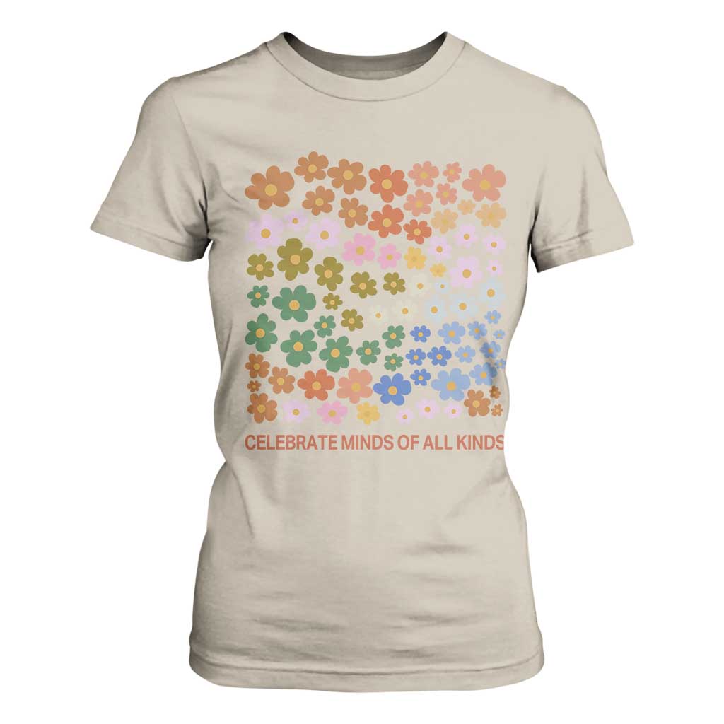 Neurodiversity Boho Floral T Shirt For Women Celebrate Minds of All Kinds Autism ADHD ASD TS02 Sand Print Your Wear