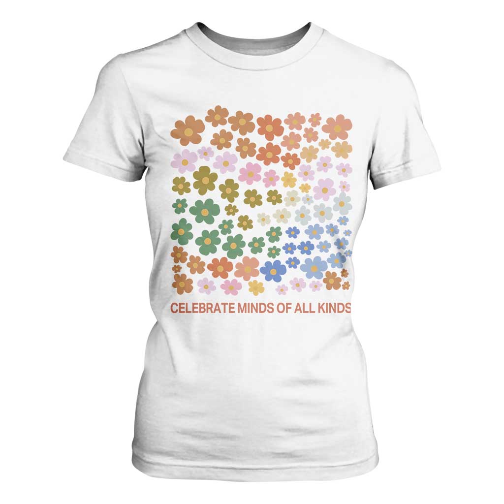 Neurodiversity Boho Floral T Shirt For Women Celebrate Minds of All Kinds Autism ADHD ASD TS02 White Print Your Wear