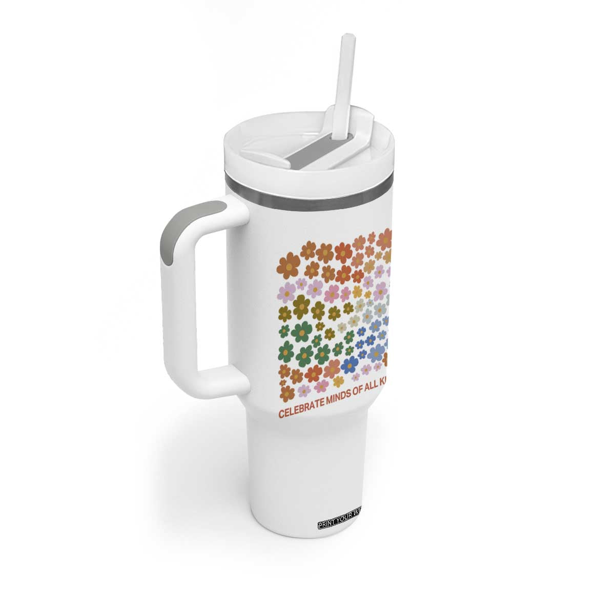 Neurodiversity Boho Floral Tumbler With Handle Celebrate Minds of All Kinds Autism ADHD ASD TS02 Print Your Wear