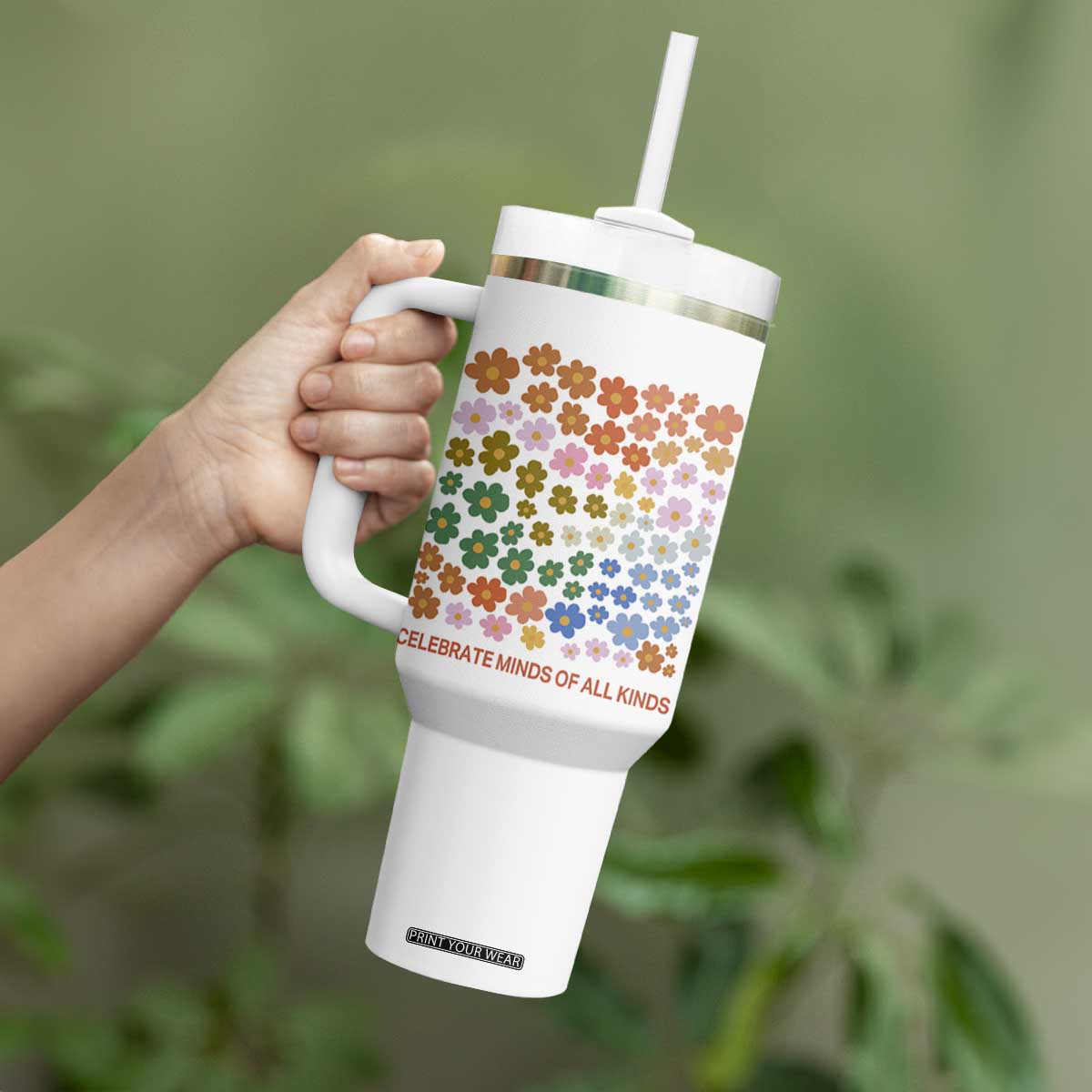 Neurodiversity Boho Floral Tumbler With Handle Celebrate Minds of All Kinds Autism ADHD ASD TS02 Print Your Wear