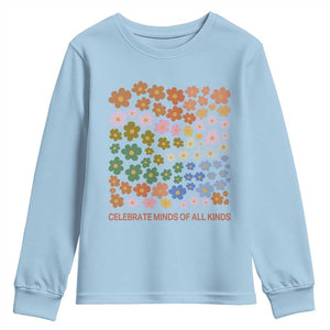 Neurodiversity Boho Floral Youth Sweatshirt Celebrate Minds of All Kinds Autism ADHD ASD TS02 Light Blue Print Your Wear