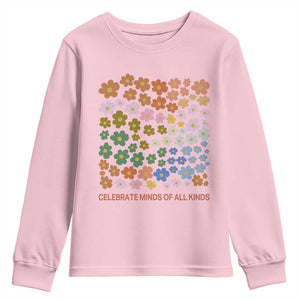 Neurodiversity Boho Floral Youth Sweatshirt Celebrate Minds of All Kinds Autism ADHD ASD TS02 Light Pink Print Your Wear