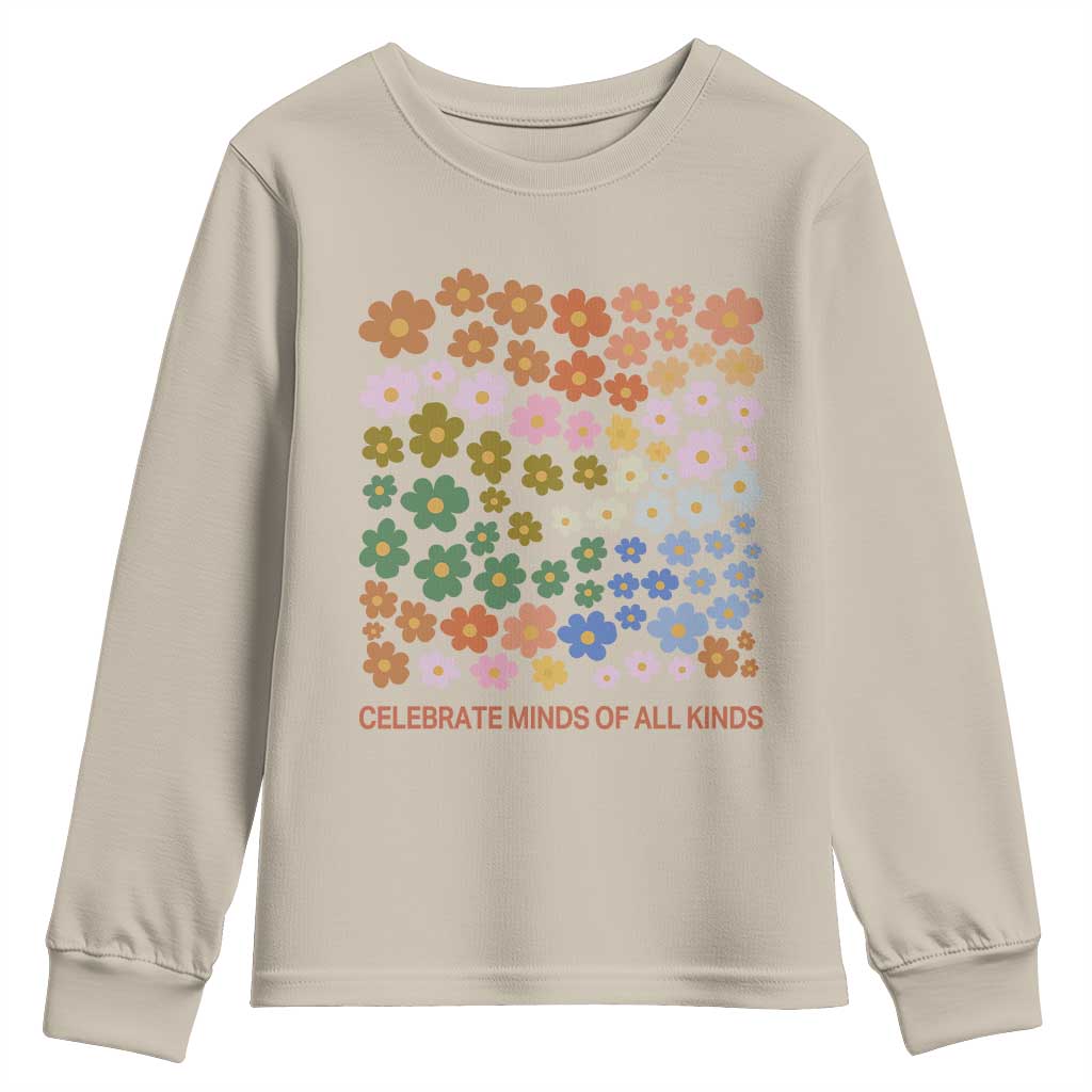 Neurodiversity Boho Floral Youth Sweatshirt Celebrate Minds of All Kinds Autism ADHD ASD TS02 Sand Print Your Wear