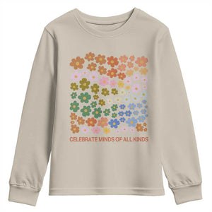 Neurodiversity Boho Floral Youth Sweatshirt Celebrate Minds of All Kinds Autism ADHD ASD TS02 Sand Print Your Wear